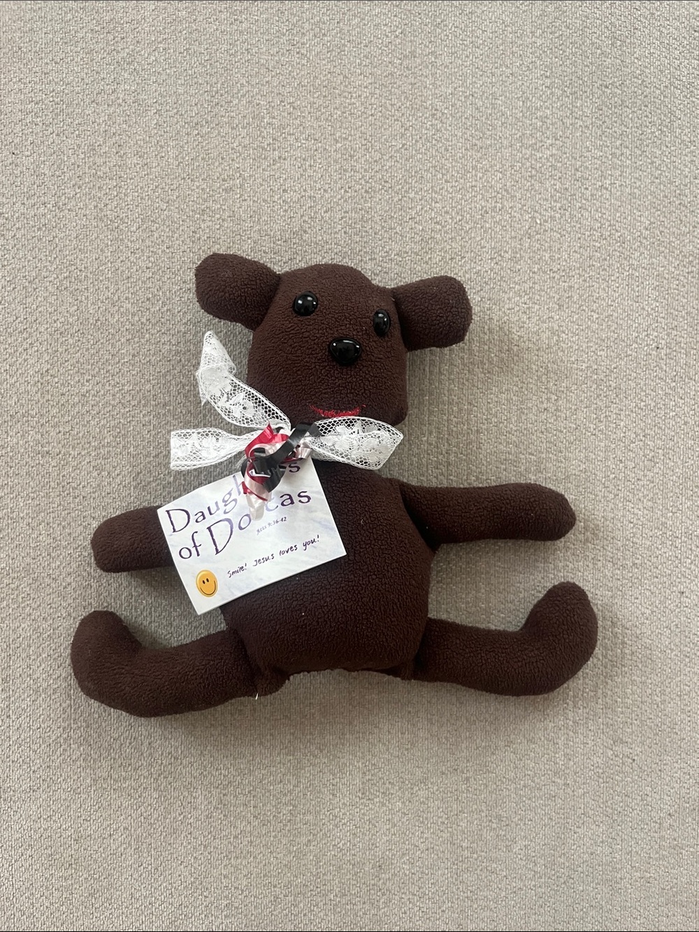Plush Dark Brown Bear Stuffed Animal with Decorative Lace Bow